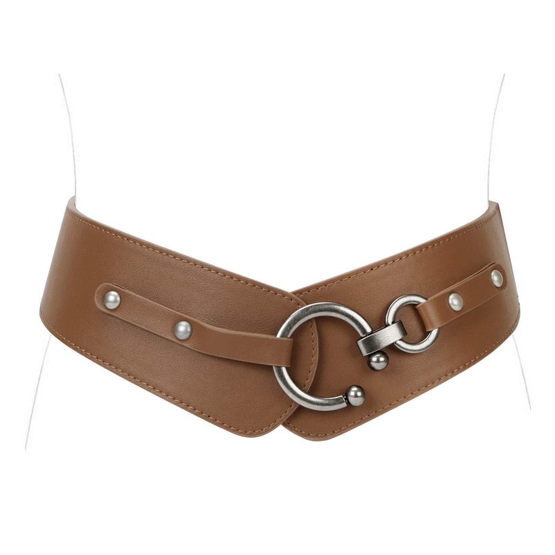 JASGOOD Wide Elastic Belts For Women Dresses Coats Brown Chunky Leather Belt With Vintage Interlock Buckle - Image 1